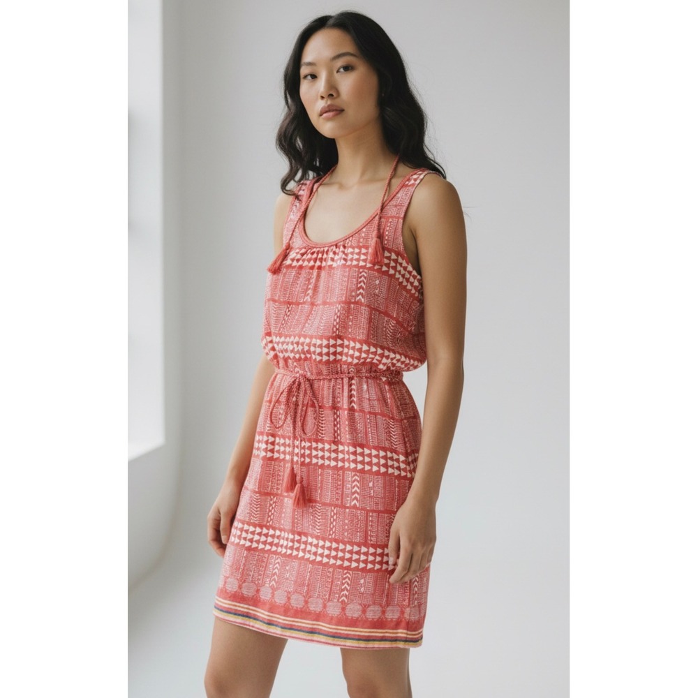 Lucky Brand Pink Geometric Tribal‎ Tassel Boho Mini Shift Dress Womens XS